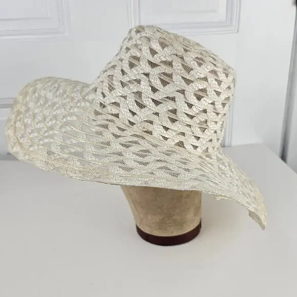 VTG 1970s wide brim sheer Hat crisscross  prairie cottage boho bridesmaid - Picture 2 of 10